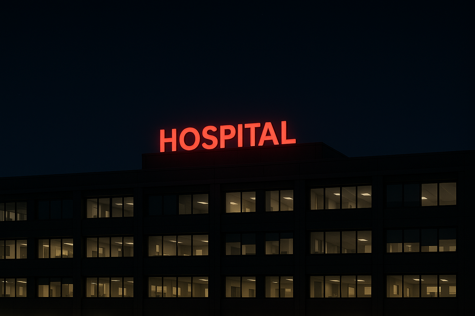 Hospital lit at night. Systems stay online for patient care.